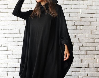 Plus Size Maxi Dress/Oversize Black Dress/Long Loose Kaftan/Extravagant Casual Dress/Long Sleeve Dress/Black Maxi Dress METD0018
