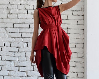 Red Asymmetric Top/Sexy Red Tunic/Loose Belt Vest/Sleeveless Tunic Top/Long Elegant Top/Full Draping Top/Plus Size Casual Tunic МЕТТ0038