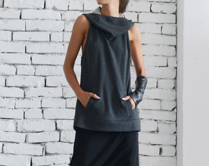 Dark Grey Hooded Top/Extravagant Summer Vest/Casual Tunic with Hood/Grey Loose Top/Sleeveless Hoodie/Large Hood Tunic Top METT0044