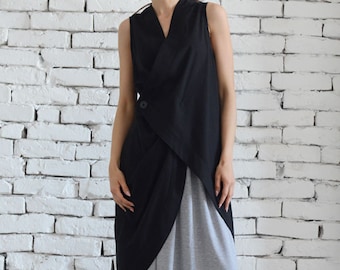 Asymmetric Black Top / Linen Black Tunic / Black Linen Top / Black Dress / Linen Top/ Linen Black Tunic / Long Black Vest / Sleeveless Coat