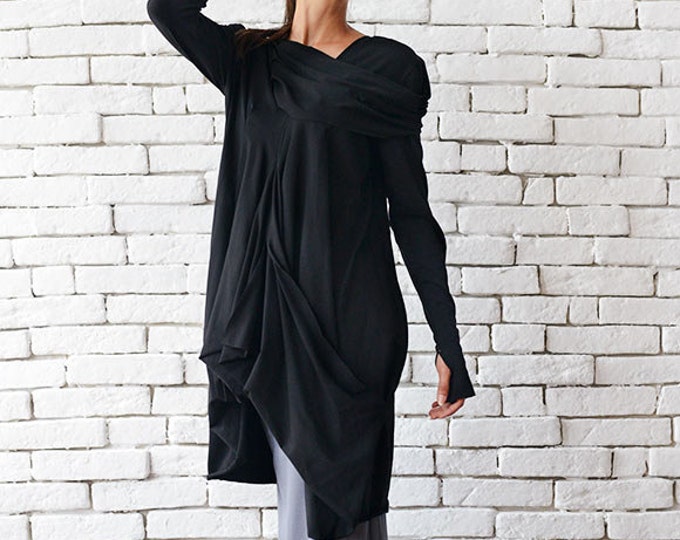 Long Sleeve Black Tunic/ Draped Tunic/Black Dress/Oversize Kaftan/Loose Black Dress /Asymmetric Tunic Top/ Black Loose Tunic / Plus Size Top