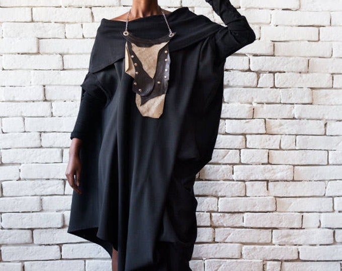 Asymmetric Black Dress/Maxi Black Dress/Loose Casual Dress/Black Oversize Tunic/Long Sleeve Drape Dress/Plus Size Asymmetrical Dress