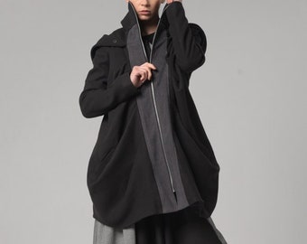 Black Hooded Coat / Hooded Wool Coat / Cashmere Winter Coat / Oversized Wool Coat / Plus Size Clothing / Warm Winter Coat Women