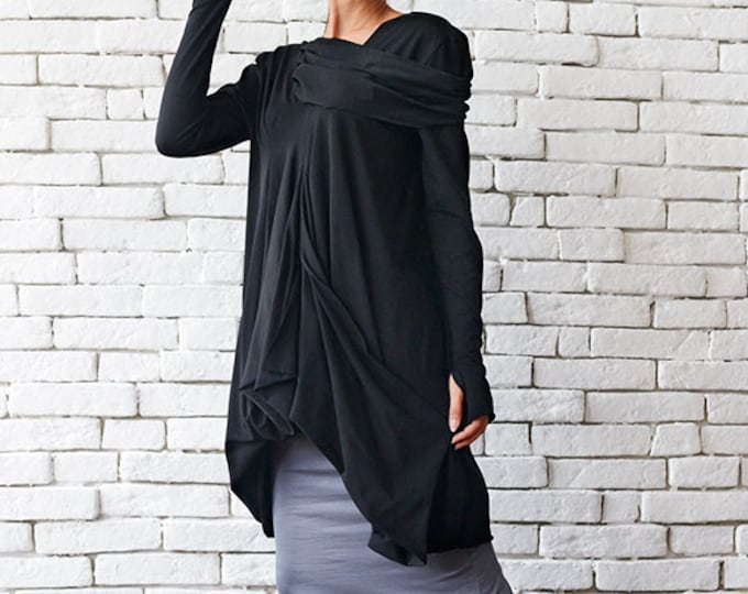 Long Sleeve Black Tunic/Draped Tunic/Black Dress/Oversize Kaftan/Loose Black Dress/Asymmetric Loose Top/ Extravagant Black Blouse METT0004