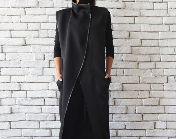 Long Black Vest/Loose Neoprene Coat/Extravagant Sleeveless Jacket/Plus Size Black Tunic/Black Long Top/Turtle Neck Collar Tunic/Black Blazer