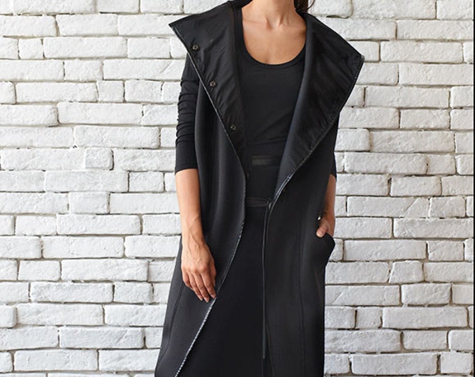 Long Loose Black Sleeveless Coat/High Collar Black Vest/Asymmetric Neoprene Jacket Without Sleeves/High Fashion Black Sleeveless Cardigan