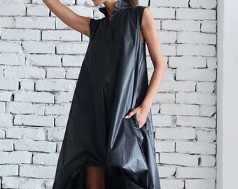 Black Maxi Dress/Loose Black Kaftan/Sleeveless Asymmetrical Tunic Top/Two Face Dress/Maxi Black Dress/Plus Size Dress/Black Pocket Dress