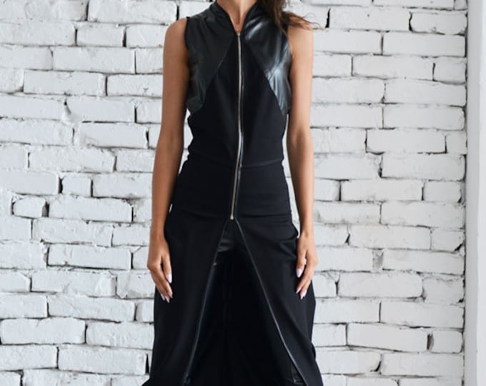 Asymmetric Black Vest/Sleeveless Black Tunic/Long Zipper Top/Leather Vest/Sleeveless Leather Top/Chain Detail Sleeveless Jacket METC0008