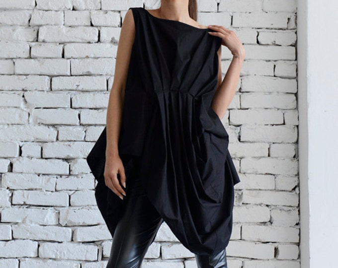 Black Extravagant Shirt/Asymmetric Casual Tunic/Loose Black Long Top/Modern Urban Style Shirt/Short Summer Dress/Belted Tunic Top