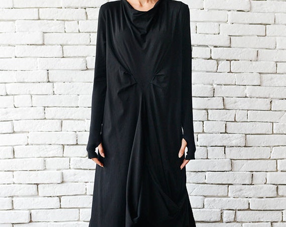 Black Maxi Dress/Loose Draped Dress/Long Sleeve Maxi Dress/Thumb Hole Sleeve Dress/Asymmetric Black Dress/Plus Size Black Dress METD0007