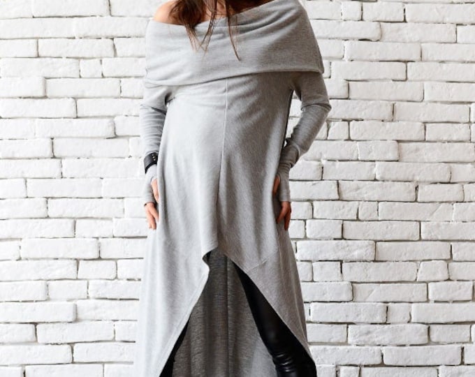 Grey Tunic /Cyberpunk Clothing /Asymmetric Top /Streetwear /Cold Shoulder Tunic /Darkwear /Futuristic Clothing /Thumb Hole Sleeve METT0056