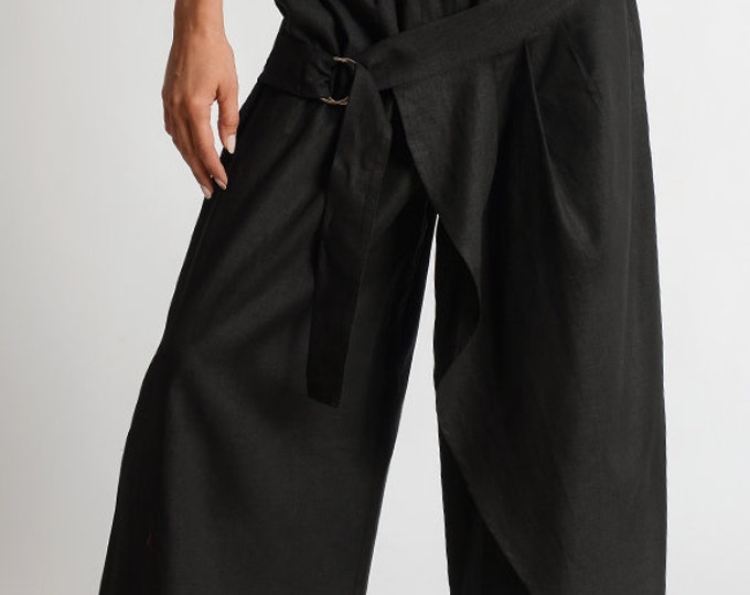 Black Wide Leg Pants with Belt / Linen Palazzo Pants / Summer Plus Size Pants / Long Loose Pants / Black Womens Pants