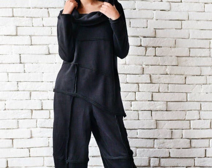 Black Loose Set/Asymmetric Maxi Set/Everyday Tracksuit/Loose Black Tunic/Black Maxi Pants/Black Capris/Long Sleeve Tunic/Wide Leg Pants