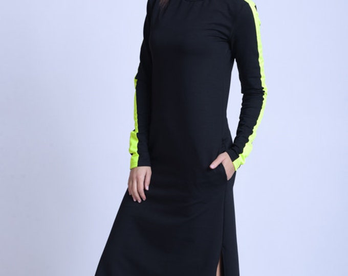 Everyday Dress with Neon/Long Sleeve Casual Dress/Black Pocket Dress/Black Casual Dress with Neon/Dress with Side Slits/Rave Outfit