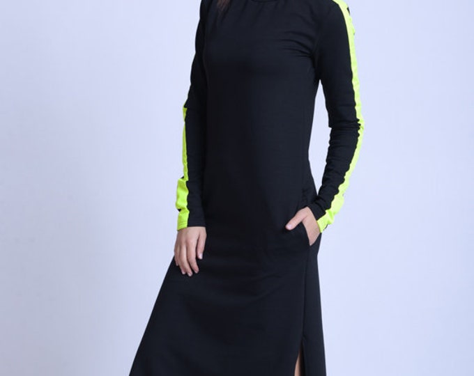 Everyday Dress with Neon/Long Sleeve Casual Dress/Black Pocket Dress/Black Casual Dress with Neon/Dress with Side Slits/Rave Outfit METD0142