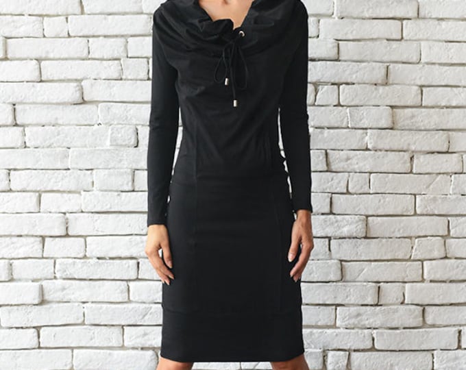 Casual Black Dress/Knee Length Dress/Long Sleeve Black Tunic/Loose Collar Dress/Little Black Dress/Loose Work Dress/Black Long Tunic