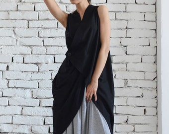 Black Asymmetrical Top / Long Black Blouse / Asymmetric Tunic Top / Black Linen Vest / Loose Sleeveless Tunic by METAMORPHOZA