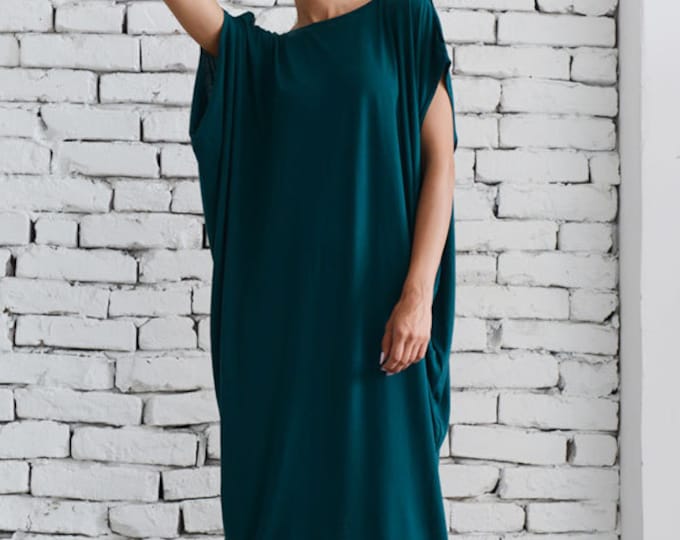 Loose Maxi Dress/Petrol Green Kaftan/Casual Long Dress/Plus Size Maxi Dress/Elegant Summer Dress/Open Back Dress METD0055