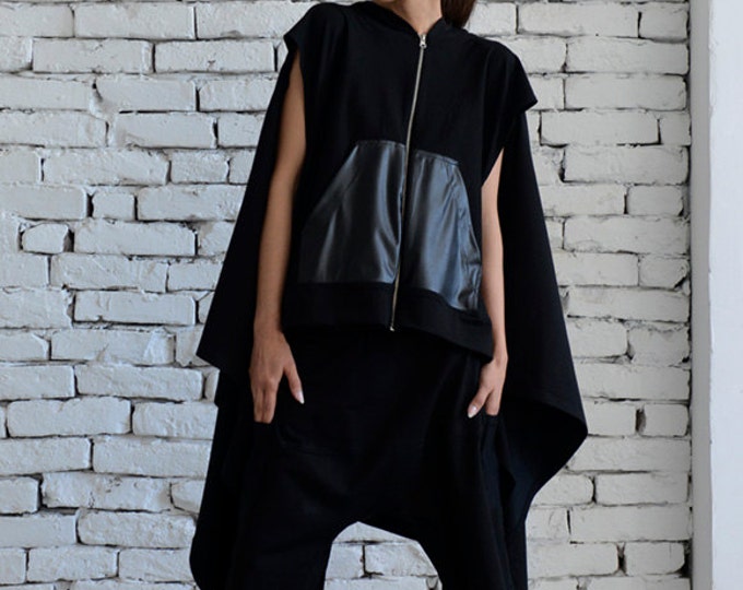 Black Loose Sport Set/Zipper Black Maxi Top/Oversize Harem Pants/Short Black Pants/Plus Size Unisex Set/Urban Style Street Outfit METJ0004