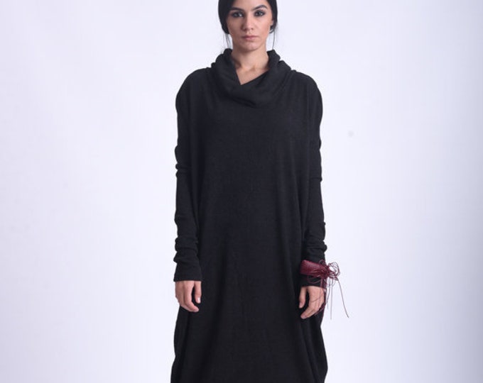 Black Oversize Dress/Long Sleeve Kaftan/Plus Size Maxi Dress/Loose Collared Dress/Black Knitted Dress/Turtleneck Casual Dress/Boho Dress