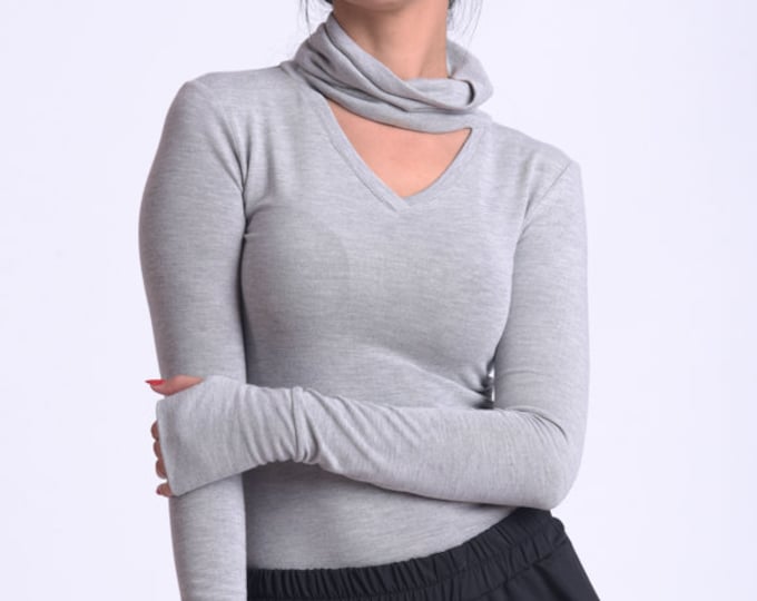 Grey Thumb Hole Sleeve Blouse/Casual Tight Top/V Neck Cutout Top/Extravagant Turtle Neck Shirt/Grey Long Sleeve Top/Modern Top METT0176