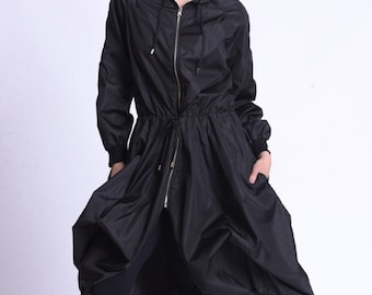 Black Asymmetric Hooded Raincoat by METAMORPHOZA METC0091
