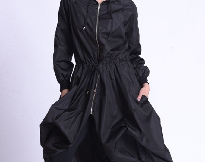 Black Asymmetric Hooded Raincoat by METAMORPHOZA