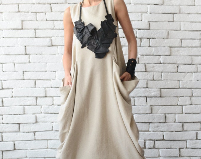 Linen Maxi Dress/Extravagant Beige Loose Tunic/Linen Sleeveless Kaftan/Plus Size Maxi Dress/Comfortable Beige Dress METD0075