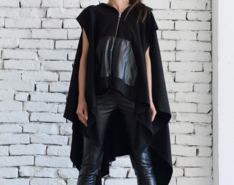 Extravagant Urban Style Tunic Top/Asymmetric Long Top/Leather Front Pocket Top/Black Oversize Top/Maxi Black Dress/Zipper Maxi Blazer