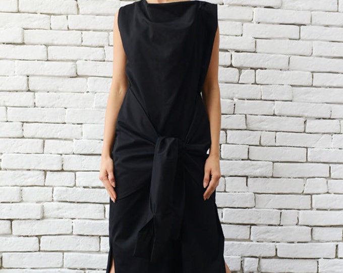 Long Black Dress/Extravagant Sleeveless Kaftan/Front Ribbon Loose Dress/Oversize Black Tunic/Casual Long Black Dress METD0072