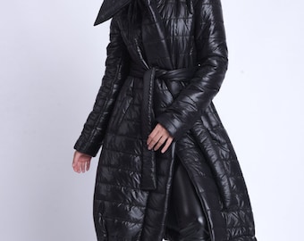 shiny black coat with belt