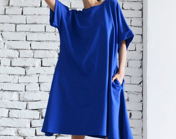 Short Blue Maxi Dress/Oversize Tunic Top/Casual Dress with Short Sleeves/Folded Sleeve Dress/Plus Size Maxi Dress/Long Blue Top/Maxi Dress