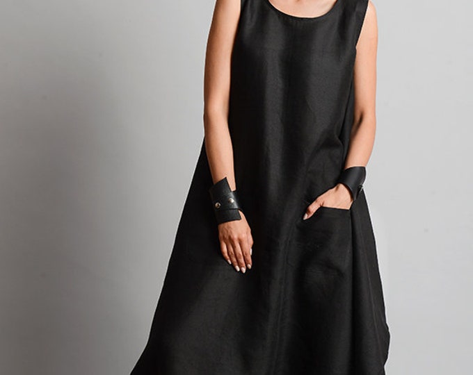 Comfortable High Quality Linen Dress / Black Plus Size Linen Dress with Pockets / Easy to Wear Everyday Loose Dress METD0107
