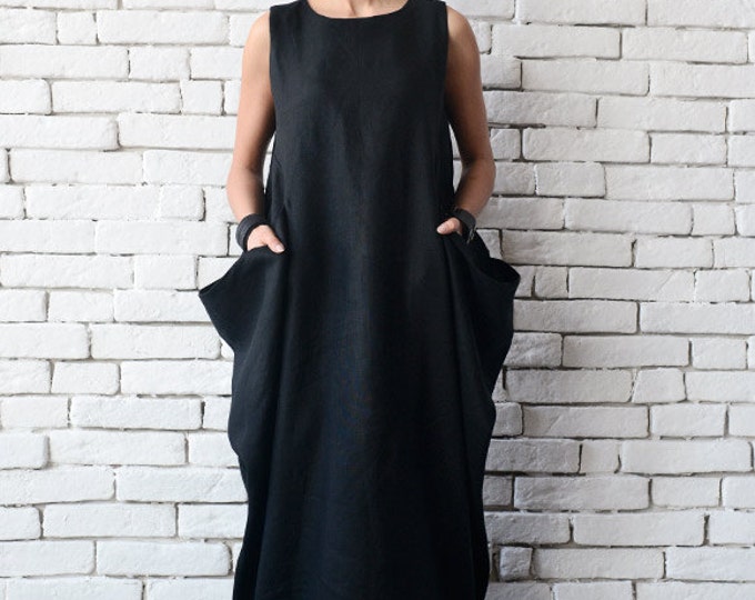 Black Maxi Dress/Sleeveless Black Kaftan/Loose Linen Long Dress/Asymmetric Plus Size Dress/ Comfortable Black Day Dress METD0075