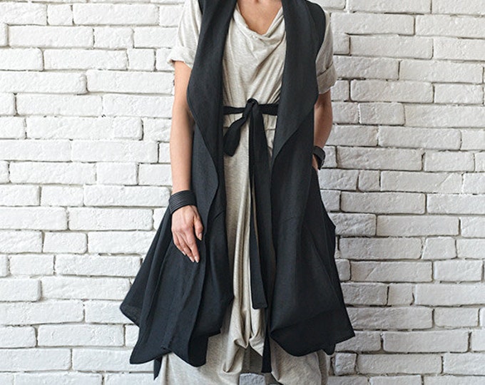 Black Loose Tunic Top/Asymmetric Loose Vest/Sleeveless Linen Shirt/Casual Maxi Tunic/Extravagant Back Accent Top/Black Plus Size Long Top