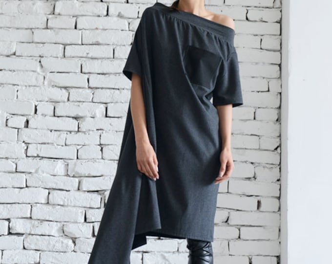 Oversize Grey Maxi Dress/Extravagant Asymmetric Tunic/Plus Size Kaftan/Fallen Sleeve Tunic Top/Short Sleeve Tunic Dress/Grey Casual Dress