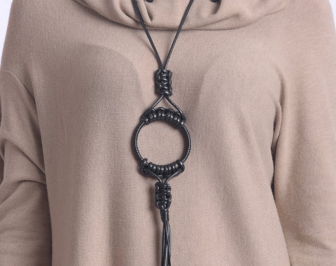 Braided Rope Necklace/Black Neck Jewelry/Extravagant Circle Necklace/Casual Long Necklace/Casual Black Ring Necklace META0027