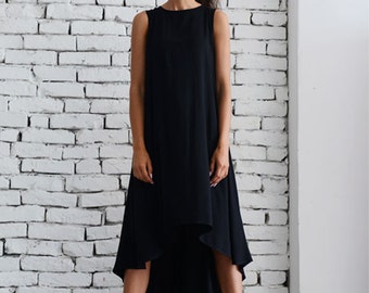 Black Asymmetric Dress/Oversize Loose Tunic/Plus Size Black Dress/Black Maxi Dress/Sleeveless Tunic Top/Casual Summer Black Dress METT0043