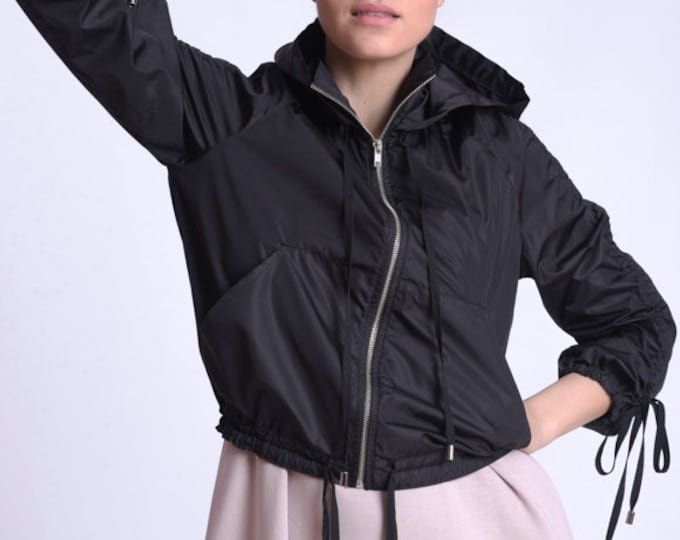 Black Short Hooded Raincoat with Zipper by METAMORPHOZA
