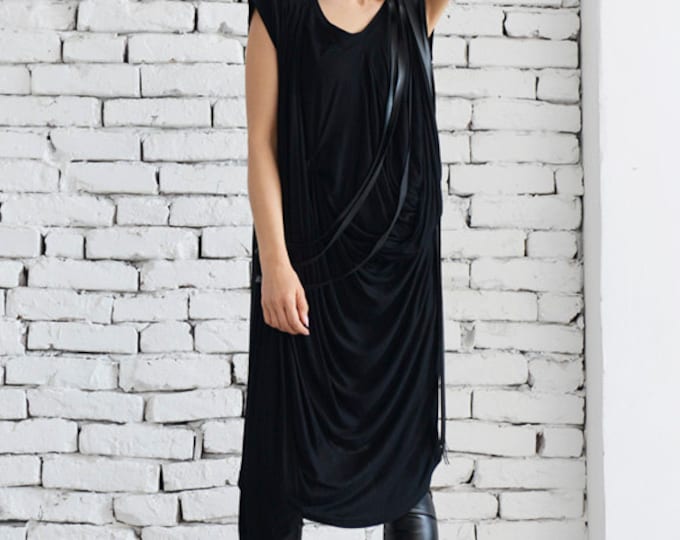 Black Leather Fringe Tunic/Long Loose Top/Extravagant Leather Top/Black Maxi Dress/Oversize Tunic Dress/Sleeveless Casual Shirt