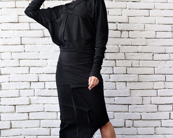 Black Hooded Dress/Asymmetric Dress/Loose Extravagant Dress/Long Sleeve Black Dress/Comfortable Dress/Black Casual Dress/Sweater Dress