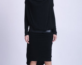 Black Party Dress / Asymmetric Dress with Long Sleeves / Faux Leather Dress / Little Black Dress / Cocktail Black Slip Dress METD0146