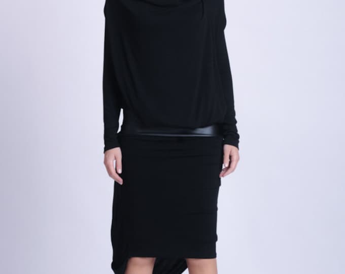 Black Party Dress / Asymmetric Dress with Long Sleeves / Faux Leather Dress / Little Black Dress / Cocktail Black Slip Dress