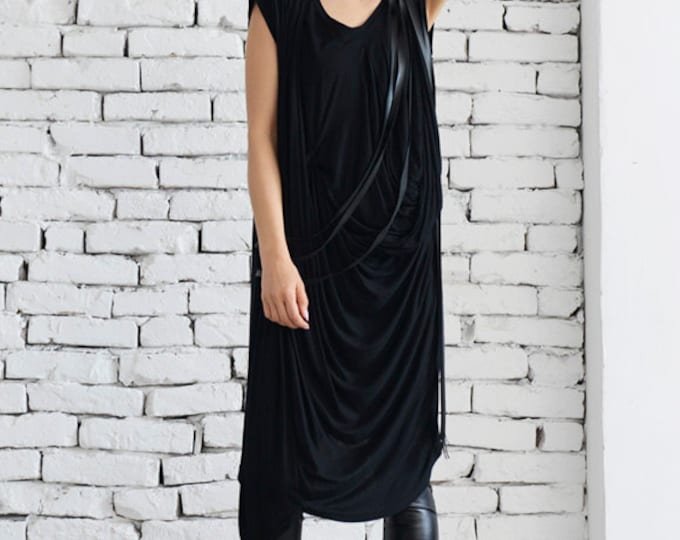 Maxi Black Dress / Leather Tunic / Long Tunic/ Asymmetric / Asymmetric Tunic / Black Asymmetrical Tunic by METAMORPHOZA METT0039