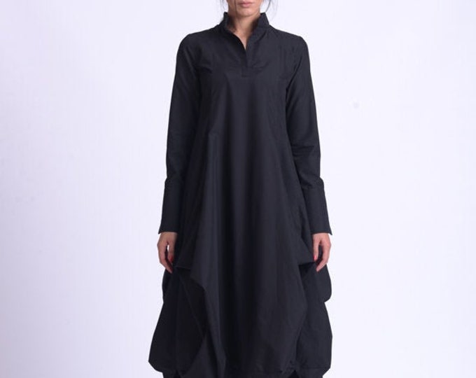 Extravagant Shirt Dress/Long Sleeve Asymmetric Dress/Black Casual Kaftan/Loose Long Dress/A Line Dress/Black Collar Dress METD0162