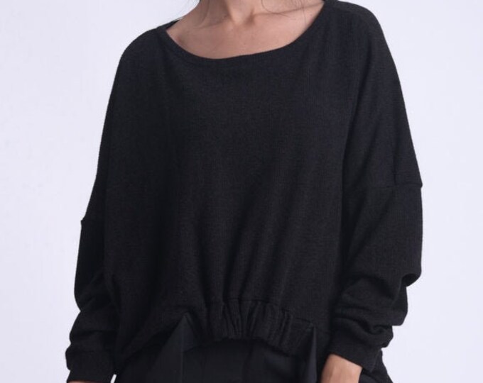 Black Plus Size Tunic/Oversize Loose Top/Black Knitted Blouse/Asymmetric Maxi Top/Casual Comfortable Top