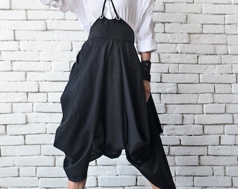 Asymmetric Linen Skirt/Long Short Extravagant Skirt/Black Loose Skirt/Jumpsuit Skirt with Suspenders/Oversize Black Shirt/Modern Skirt