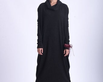 Black Maxi Dress/Oversize Long Dress/Knitted Black Kaftan/Turtleneck Black Dress/Long Sleeve Winter Dress/Comfortable Loose Dress METD0164