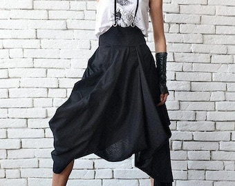 Black Linen Asymmetrical Skirt with Suspenders