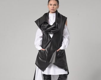 Black Leather Vest / Asymmetric Vegan Leather Jacket / Sleeveless Coat METC0096